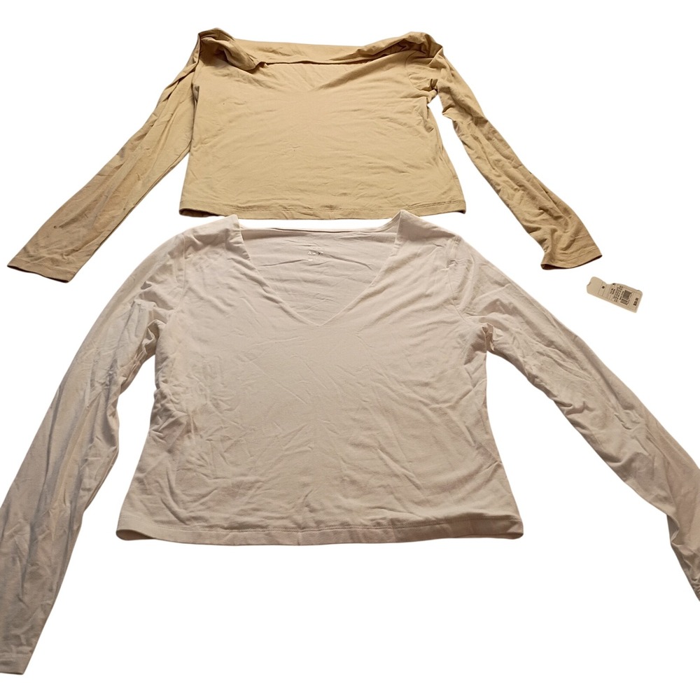 A New Day V-Neck Long Sleeve Women's Tee 2-Pack White Tan Basics Top Size M NWT